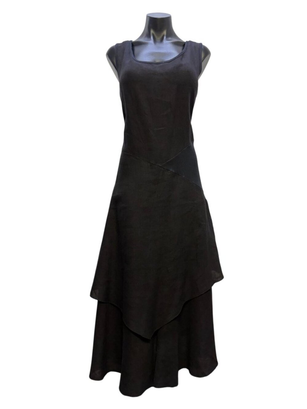Inizio Linen Black Sleeveless Layered Asymmetrical Midi Dress Made In Italy L